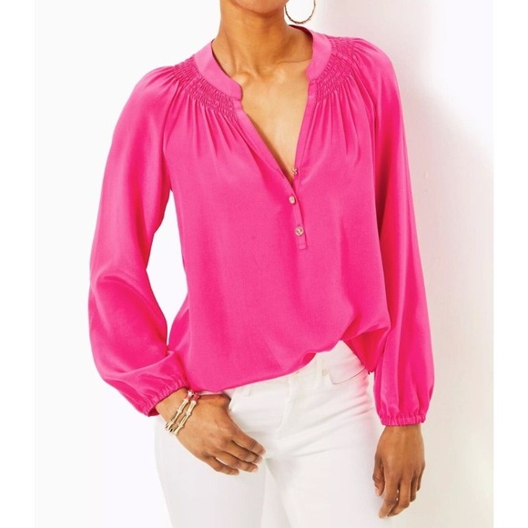 Lilly Pulitzer Tops - NWT Lilly Pulitzer Elsa Top 100%Silk Pink Silk Smocked Blouse Womens S ret$178